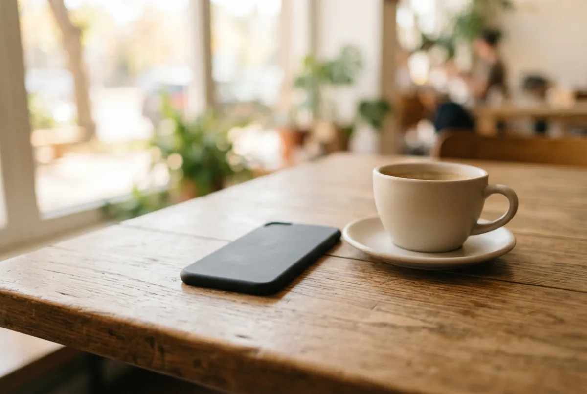 Teléfono móvil boca abajo junto a una taza sobre una mesa